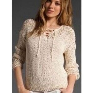 VINCe. Women’s Small Cream Hand Knit Lace Up Chunky Sweater